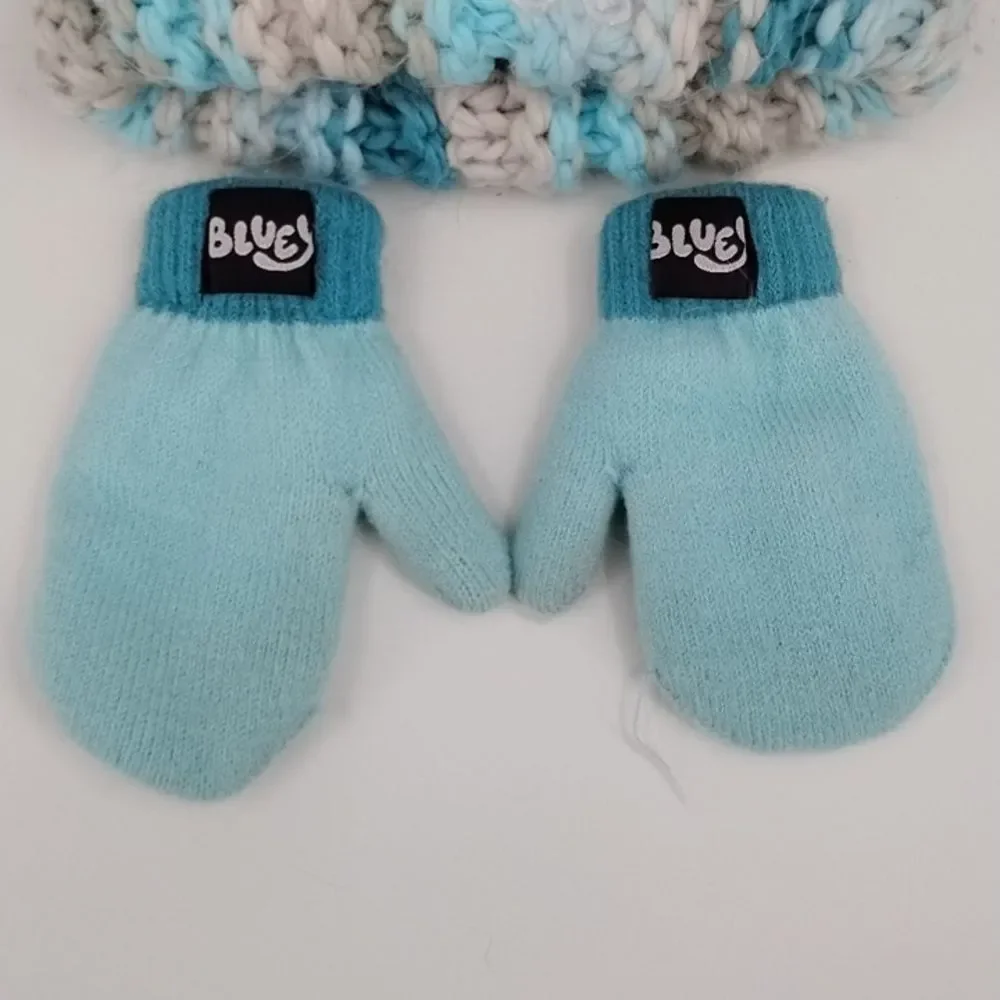 Bluey Striped Knit Hat and Mittens Set - Blue and Cream 2T - 5T